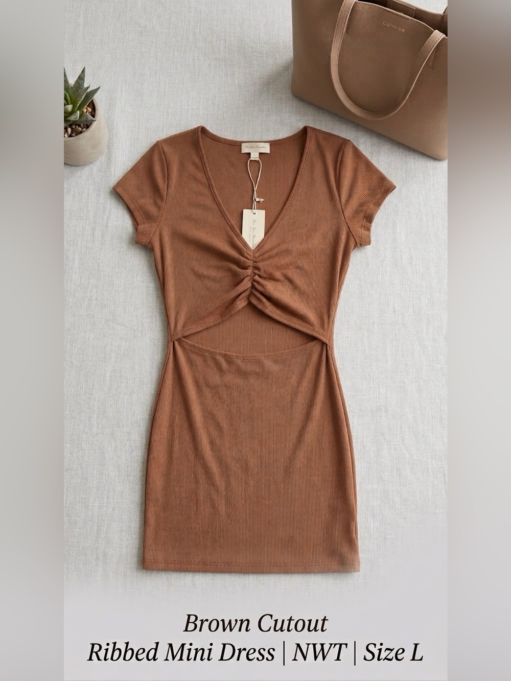 See You Monday Ribbed Cutout Mini Dress in Brown